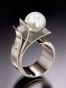 1 件优雅方晶锆石和人造珍珠戒指，适合女士结婚珠宝情人节礼物 - 銀色 - 查看 1