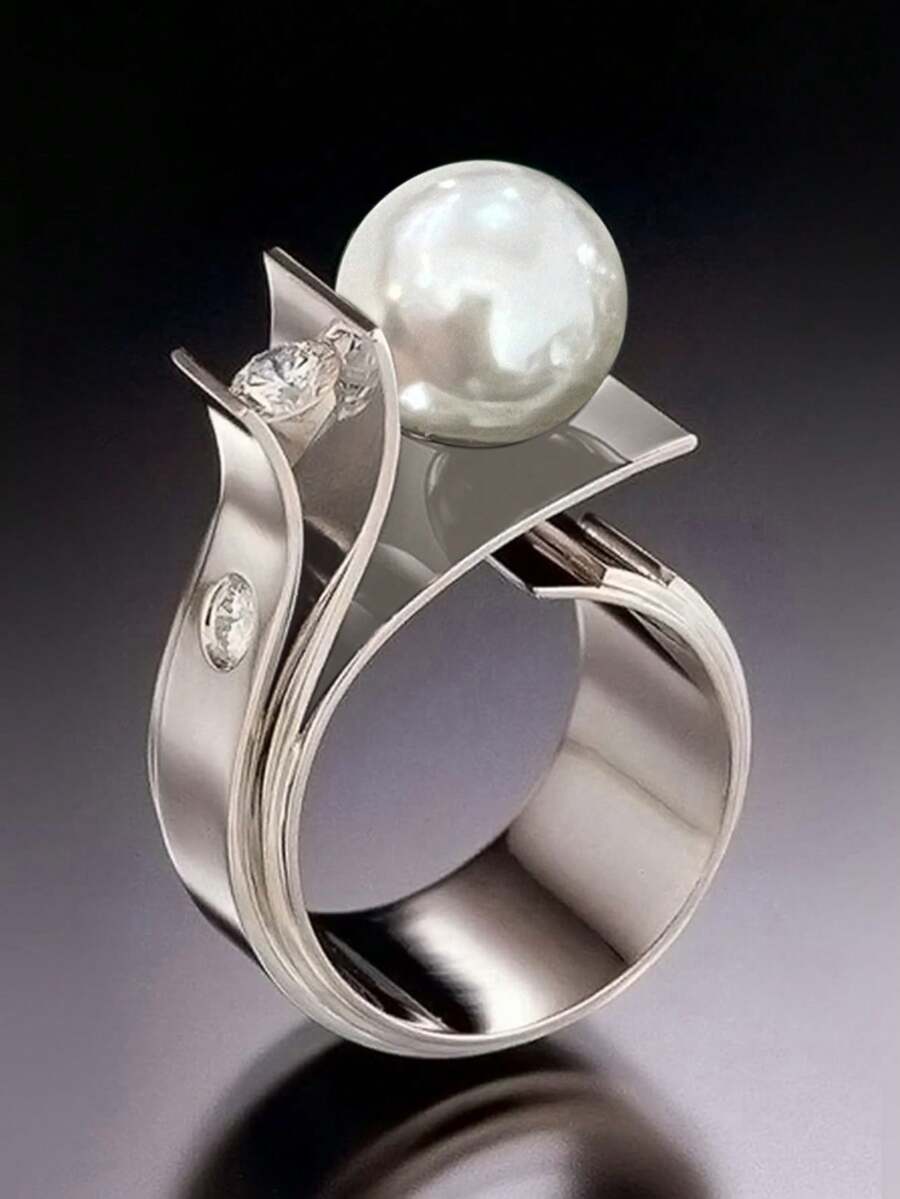 1 件优雅方晶锆石和人造珍珠戒指，适合女士结婚珠宝情人节礼物 - 銀色 - 查看 1