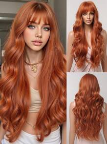 橙色修剪劉海波浪假髮 - 耐熱合成纖維，適合日常穿著和派對婚禮！