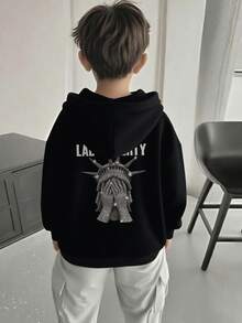 1件装青少年男童休闲印花套头连帽卫衣，保暖内衬，长袖，秋冬季，学生/青少年服装