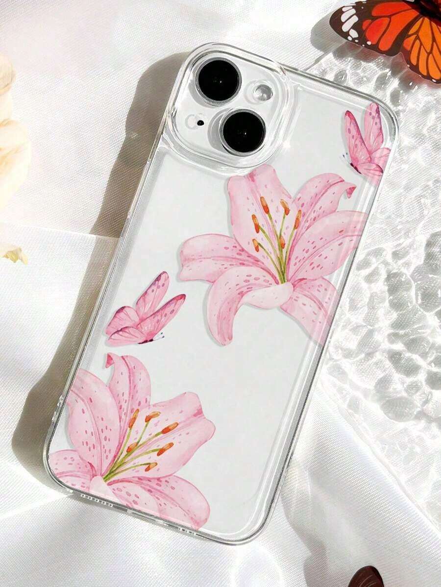 1pc Flower Phone Case 1pc Ins Style Pink Flower Lily Butterfly Pattern Transparent Soft Phone Case Compatible With IPhone 11/12/13/14/15/16 Pro Max Phone Case  Summer - 1 cái - Xem 1