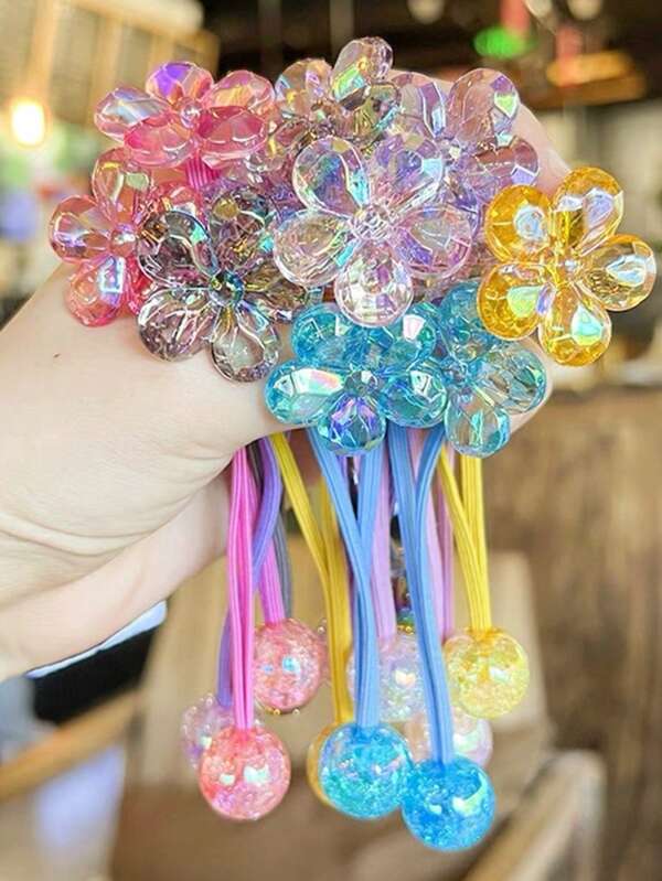 Sanrio New Fashion Versatile Kids' Sweet 3D Sequin Flower Decor Solid Color Hair Accessories Set, Non-Damaging High Elasticity Hair Ties, Hair Bands, Hair Scrunchies Suitable For Daily Use