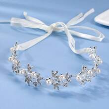 1 件奢华金色合金珍珠花新娘头饰、婚礼发带配饰