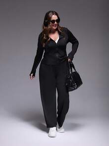 Women's Plus Size Casual Soft Jogger Pants, Loose Wide Leg Trousers For Running, Fitness, Yoga, Fashion Daily Outdoor, Elastic Waist With Pockets, Autumn/Winter - Black - View 6