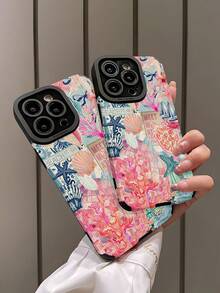 1pc Soft Silicone Phone Case With Light Blue & Pink Ocean Creature Puzzle Pattern, Vertical Stripes Faux Leather Texture, Anti-Drop, Compatible With Apple And 16/16 Plus/16 Pro/16 Pro Max Waterproof Shockproof Scratch Resistant - Multicolor - View 4