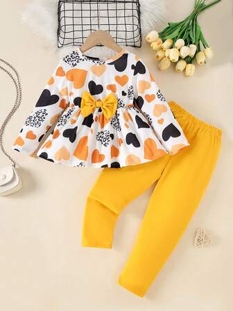 Valentine's Day Heart Print Bow Decor Top + Solid Color Pants, Girls