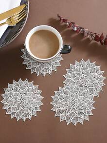 12pcs Gold Flower Coasters, PVC Material 3.94inch Round Coffee Cup Mats, Washable, Easy To Clean, Wipe-Able, Non-Slip, Heat-Resistant, Suitable For Room Decor, Dining Table Decor, Home Decor, Ideal For Holidays, Parties, Birthdays, Weddings And Dinners - Gold - View 12