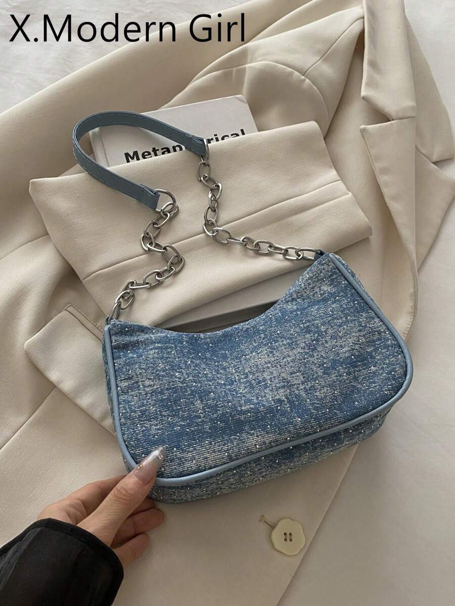 女款裝飾扣飾縫線鏈條肩帶單肩包 街頭時尚 Hobo 包 - 藍色 - 查看 1