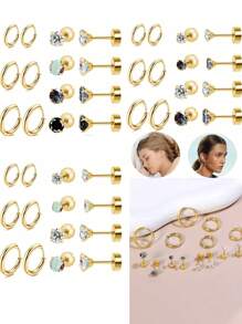 DAILI Gold Earring Sets For Women Multiple Piercing Titanium Stainess Steel Stud Earrings For Sensitive Ears Dot Ball Opal Cubic Zirconia, 20 Gauge, Stud And Hoop Earrings Set Titanium Earrings With Flat Back For Women 3-8 Psirs