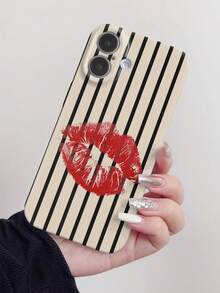 1pc Minimalist Striped Red Lip Pattern Glossy Hard Phone Case Compatible With IPhone 11, 12, XR, 13, 13 Pro, 13 Pro Max, 14, 14 Pro, 14 Pro Max, 15, 15 Pro, 15 Plus, 15 Pro Max, 16, 16 Pro, 16 Plus, 16 Pro Max, 16e - Multicolor - View 3