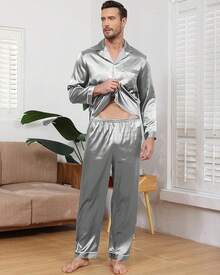 BigKing Men's Silk Satin Pajama Set, Soft Long Sleeve Button Down Pyjama Set - White - View 3