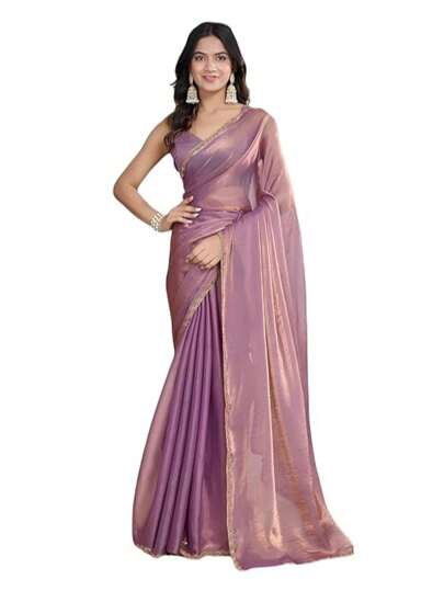 Estationeryhouse Designer Shiny Two Tone Soft Tissue Silk Saree With Antique Embroidered Border, Blouse Piece Included(Pink)