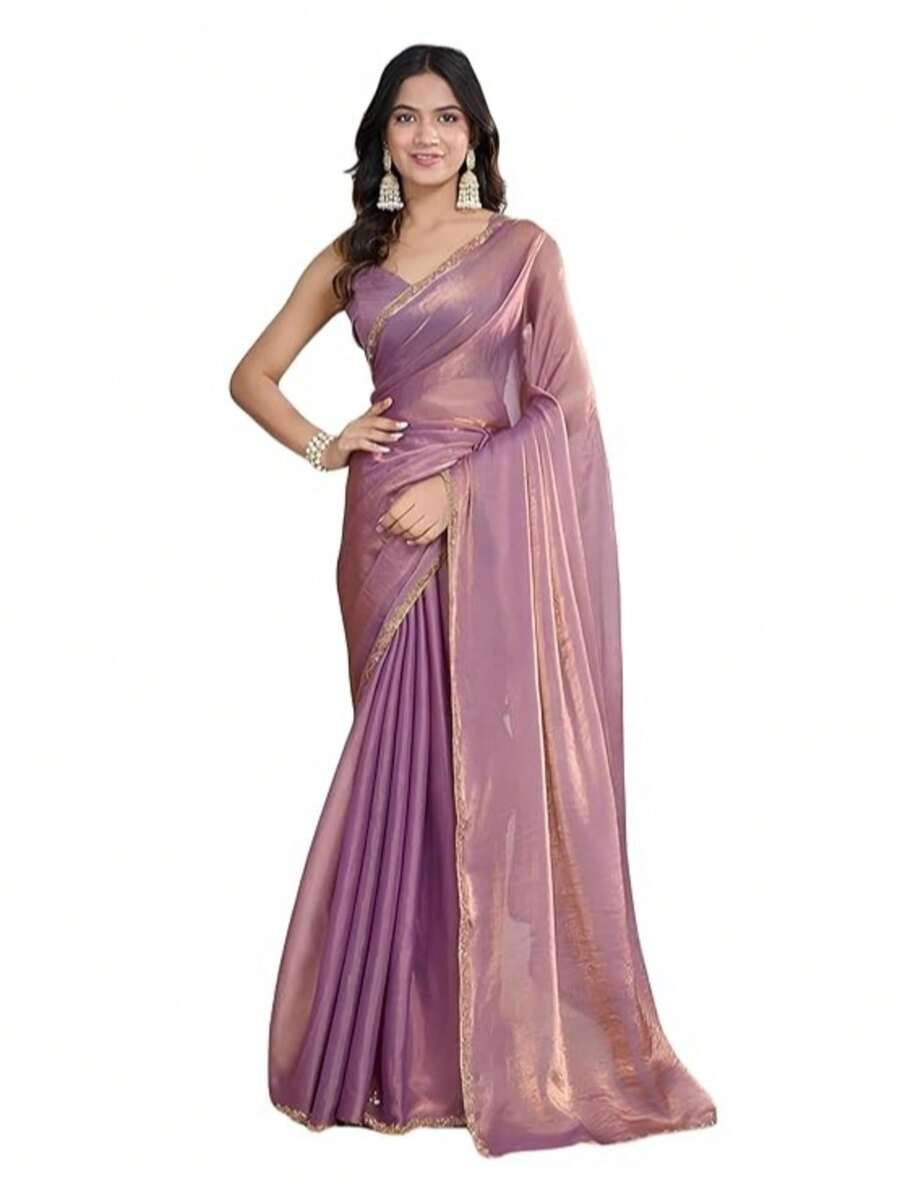 Estationeryhouse Designer Shiny Two Tone Soft Tissue Silk Saree With Antique Embroidered Border, Blouse Piece Included(Pink) - Pink - View 1