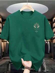Camiseta Masculina Folhas Manga Curta, Camisa Casual Versátil 100%algodao - Verde - Visão 1