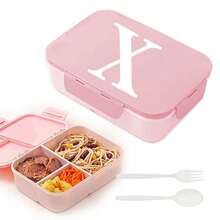 Caja de almuerzo de plástico con 3 compartimentos y patrón de 26 letras, de gran capacidad, apta para microondas, contenedor de almacenamiento de alimentos, caja bento portátil con cuchara y tenedor, adecuada para picnic, oficina, aperitivos - Rosa - Ver 28