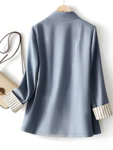 Women's Cuff Striped Patchwork One Button Regular Blazer - Blue - View 2