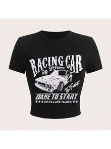Y2K-Style Women's Cropped T-Shirt Top. Black Short Sleeve T - Shirt With Racing Car Pattern - 黑色 - 查看 1