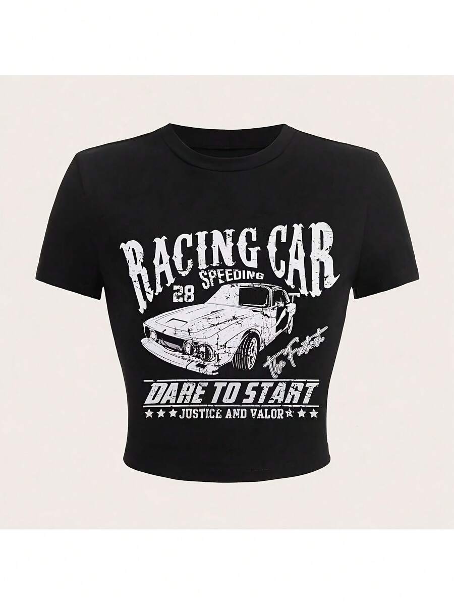 Y2K-Style Women's Cropped T-Shirt Top. Black Short Sleeve T - Shirt With Racing Car Pattern - 黑色 - 查看 1