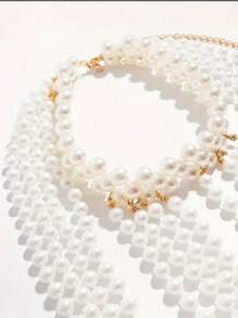 1件精美而優雅的女士白色仿珍珠手工編織身鏈，完美適用於派對或時尚展覽的禮品 - 白色 - 查看 6