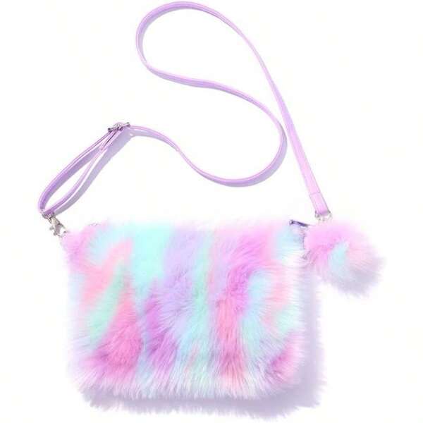 Women Girls Fluffy Fuzzy Bag Plush Tie Dye Rainbow Crossbody Purse Wallet