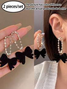 2 piezas Pendientes con lazo negro y perla falsa, pendientes elegantes con cadena de strass y borla, pendientes largos elegantes adecuados para uso diario, festivales, fiestas, nuevo regalo de joyería para mujeres