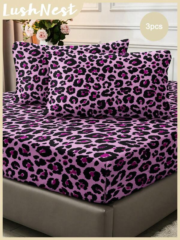 3pcs Polyester Leopard Print Bedding Set, Suitable For All Seasons, Application For Bedroom Decoration