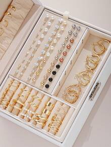 108pcs Simple Faux Pearl & Rhinestone Metal Geometric Stud Earrings & Hoop Earrings Set, Gift For Women, Suitable For Vacation, Date, Daily Casual, Wedding Matching - Vàng - Xem 5