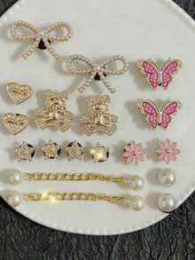 18pcs Elegant Faux Pearl, Bow & Glitter Bear Shoe Clips, ABS Glitter Pink Bow DIY Decorations, Versatile Accessories For Women's Sandals, Slippers, Beach Bags, Great Gift For Mother's Day And Holiday Parties