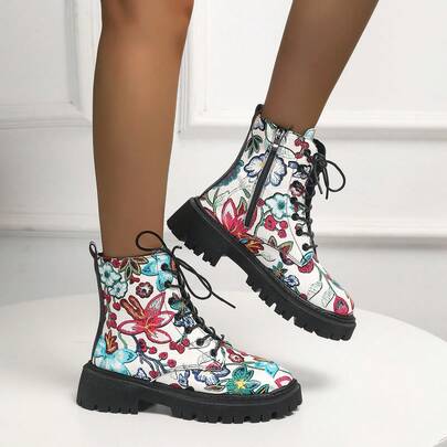 New Women Fashion Lace-Up Boots, Thick Sole Floral Pattern Versatile Comfortable Round Toe Ankle Boots, Elegant Solid Color Personalized Design Slim Fit Shoes, Minimalist/Fashion/