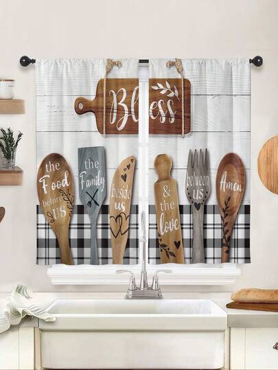 2 piezas Cortina de ventana de cocina con estampado de tenedor y cuchara vintage, sin ojales, cortinas cortas, para dormitorio, oficina, cocina, sala de estar, estudio, decoración del hogar
