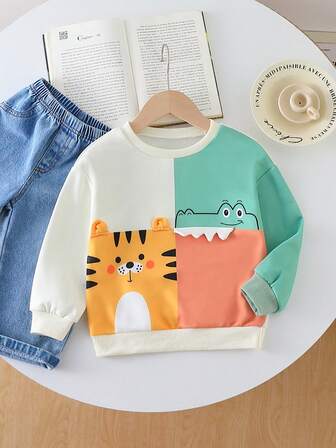 男童卡通猫和鳄鱼印花卫衣 - 休闲创意色彩设计，弹性面料，秋冬舒适