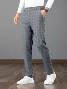 Men Plaid Slant Pocket Suit Pants - Grey - View 1