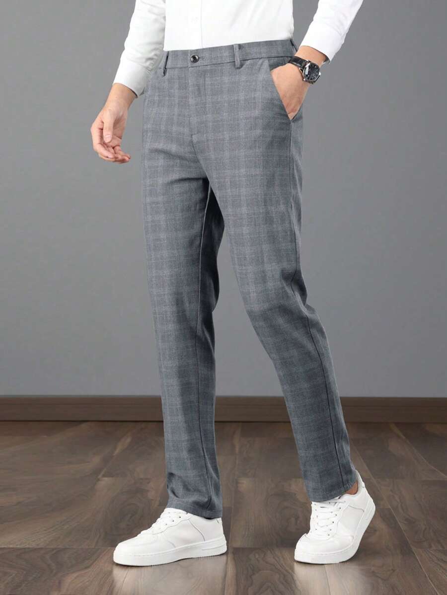 Men Plaid Slant Pocket Suit Pants - Grey - View 1