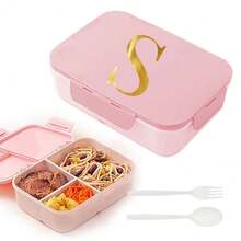 Caja de almuerzo de plástico con 3 compartimentos y patrón de 26 letras, de gran capacidad, apta para microondas, contenedor de almacenamiento de alimentos, caja bento portátil con cuchara y tenedor, adecuada para picnic, oficina, aperitivos - Rosa - Ver 27