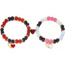 2Pcs Couple Friendship Bracelets Colorful Love Heart Matching Bracelets Y2k Mutual Attraction Heart Glass Beaded Elastic Bracelet For Women Men Relationship Jewelry Gifts - (黑+紅)3 - 查看 5