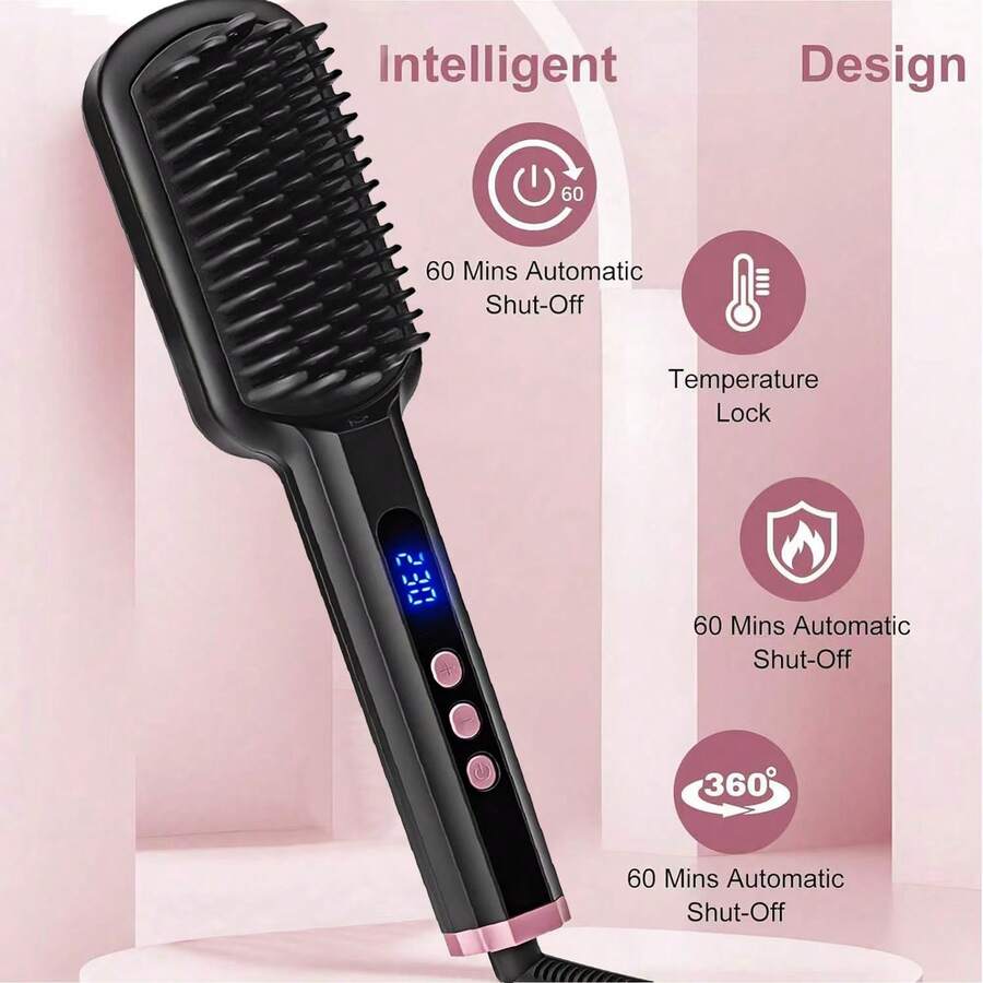 Negative Ions High Temperature Hair Straightener Brush, 2-In-1 Function As Comb & Hair Straightener, LCD Display Shows Temperature Range 100-230°C, 13 Adjustable Levels In 10°C Increments - 英規插(220-240V) - 查看 1