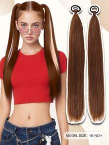 2 件 18 英寸 Yaki 直马尾接发，带弹力扎带，耐扎合成假发，马尾接发，假马尾假发，适合女性日常佩戴，黑色/棕色 - 彩色 - 查看 5