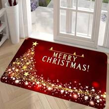 1pc Merry Christmas Indoor Door Mat Floor Mats For Home RV, Front Door Rugs Non-Slip Super Absorbent Mat, Red Black Golden Christmas Tree And Stars