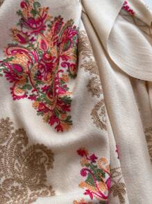 1pc Women's Autumn/Winter Faux Cashmere Embroidered Scarf, Thick Warm Tasseled Embroidered Bohemian Style Travel Shawl Ponchoscarfs - Rice Red - View 2