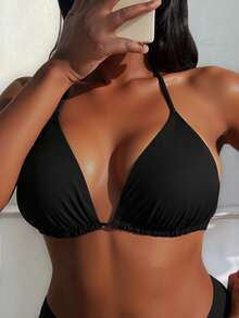 Slaydiva Summer Beach Plus 褶饰挂脖比基尼上衣 - 黑色 - 查看 5