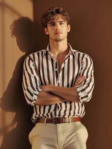 男士休闲长袖条纹衬衫，纽扣开襟，秋季/圣诞节