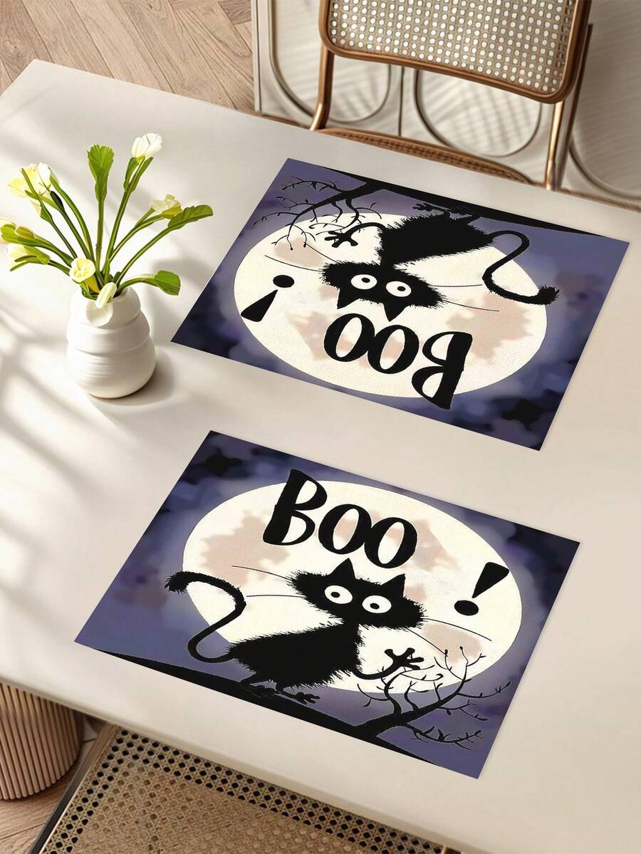 1 buc/4 buc/6 buc/48 buc Covorașe cu model de pisici de Halloween, Covorașe sezoniere de Halloween, Material asemănător inului în stil modern, Decor de casă de Halloween, Articole pentru petreceri de interior și exterior, Decorațiune cu tematică de Halloween, Decor de cameră. Potrivit pentru decorarea casei și a bucătăriei și decorarea petrecerii de Halloween.