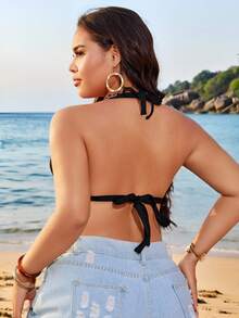 Swim Lushoire Plus Size Basic Triangle Bikini Top, Minimalist Style For Vacation - Black - View 2
