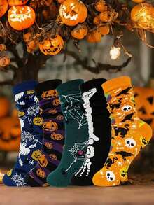 Halloween Socks For Big Men - 5 Pairs Or Single Pair, Pumpkin & Skeleton Cartoon Design, Mid-Calf, Fall/Winter, Available In US Sizes