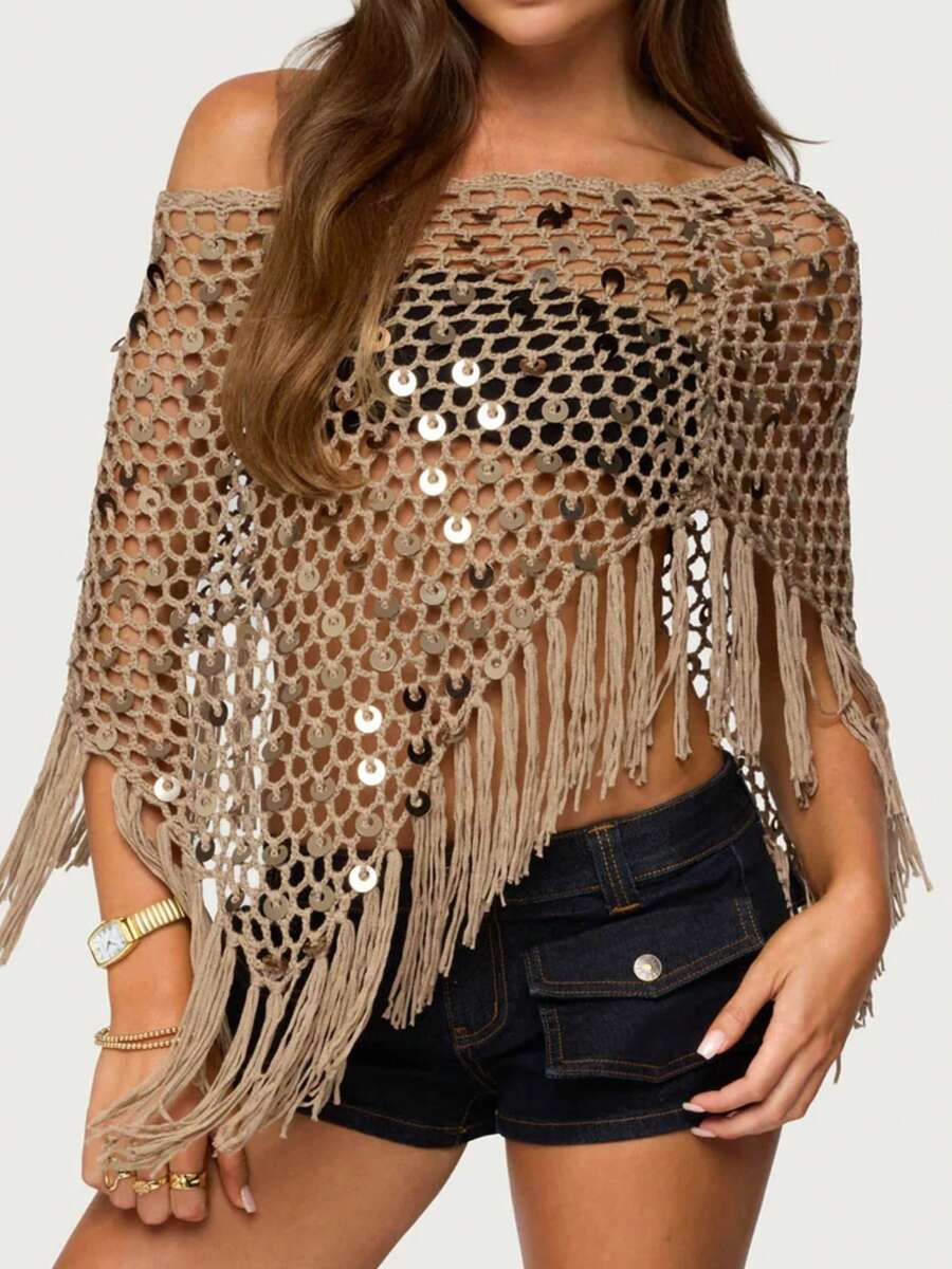 Women Tassels Knit Poncho Spark Sequined Off Shoulder Crochet Cape See-Through Beach Cover Up - 棕色 - 查看 1
