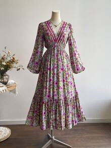 Rusttydustty Đầm cổ chữ V tay phồng họa tiết hoa cổ điển, phong cách Bohemian, thích hợp cho các lễ hội âm nhạc và những dịp tương tự, kiểu dáng thanh lịch mùa xuân. - Bụi hồng - Xem 3