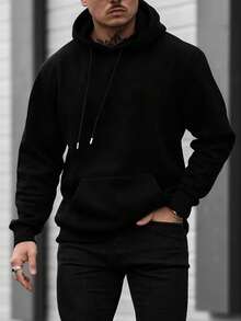 男士休闲街头连帽卫衣，纯色，带羊毛衬里，宽松版型，秋冬 - 黑色 - 查看 5