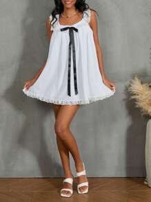 Women Mini Dress Lace Trim Fly Sleeve Bowknot Embellished Short Dress Summer Fashion Casual Dress