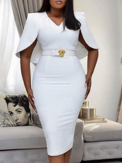 ChicMe 女式斗篷袖 V 领西装中长连衣裙修身纯色优雅别致派对办公室鸡尾酒会服装（不含腰带）