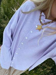 Women Y2k Crew Neck Cardigan Sweater Long Sleeve Button Down Solid Color Top Fall Casual Vintage Lightweight Knitwear - Màu tím - Xem 3